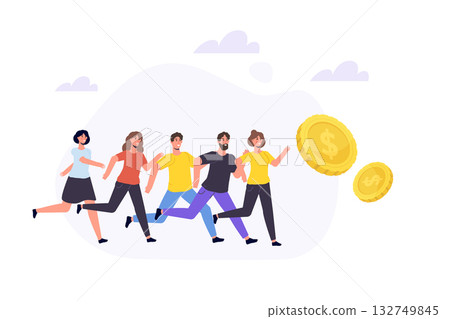 Cash race,  chasing for big money concept. Competitors striving for richness. Characters running to hit jackpot.  Vector illustration 132749845