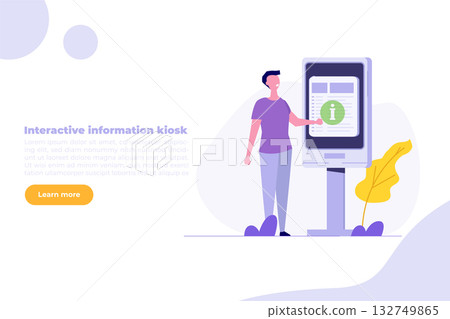 Man using self service terminal, Interactive information kiosk concept. Flat Vector illustration for banner, website, landing page, flyer. 132749865