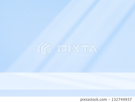 Empty studio background in soft blue tones with natural sunlight and window shadow patterns on wall. Minimalist limbo setup for product photography or presentation backdrop layouts. Empty studio background in soft blue tones with natural sunlight and window shadow patterns on wall. Minimalist limbo setup for product photography or presentation backdrop layouts. 132749937