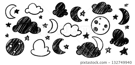 Hand drawn night sky icons with crayon texture - moon crescents and stars, clouds in chalk style. Childlike black doodle elements for kid friendly designs or nursery decoration projects. Hand drawn night sky icons with crayon texture - moon crescents and stars, clouds in chalk style. Childlike black doodle elements for kid friendly designs or nursery decoration projects. 132749940