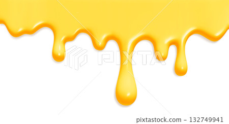 Golden honey drips with glossy liquid texture on white bg, syrup streams melting downward in realistic viscous flow. Sweet yellow ice cream drops in decorative border for culinary or food design Golden honey drips with glossy liquid texture on white bg, syrup streams melting downward in realistic viscous flow. Sweet yellow ice cream drops in decorative border for culinary or food design 132749941
