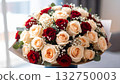 Light pink and crimson roses and baby's breath bouquet 132750003