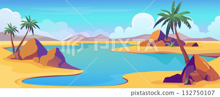 Oasis view in desert background banner in cartoon design. Dry sand space with dunes and hills, blue water lake with palm trees and stones, clouds horizon on day sunny sky. Vector cartoon illustration Oasis view in desert background banner in cartoon design. Dry sand space with dunes and hills, blue water lake with palm trees and stones, clouds horizon on day sunny sky. Vector cartoon illustration 132750107