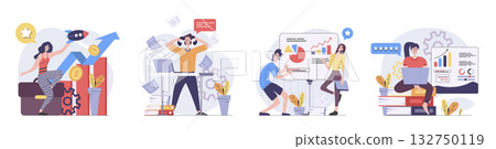 Business activities concept with people scenes set in flat web design. Collection of character situation with entrepreneurs doing strategy analysis, planning, startup develop. Vector illustrations. Business activities concept with people scenes set in flat web design. Collection of character situation with entrepreneurs doing strategy analysis, planning, startup develop. Vector illustrations. 132750119