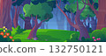 Summer forest background banner in cartoon design. Nature woodland landscape with green foliage trees, grass meadow with wild blooming flowers, lush bushes and mystic fog. Vector cartoon illustration 132750121