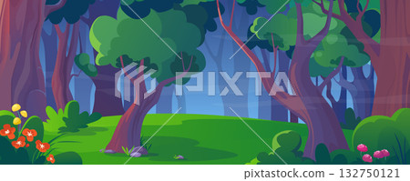 Summer forest background banner in cartoon design. Nature woodland landscape with green foliage trees, grass meadow with wild blooming flowers, lush bushes and mystic fog. Vector cartoon illustration 132750121