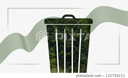 Minimalist collage. Trash bin silhouette filled with forest texture symbolizing environmental care 132750211