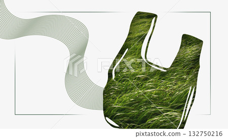 Graphic composition. Grass texture inside plastic bag silhouette symbolizing recycling and waste 132750216