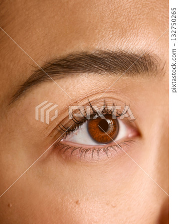 Closeup of female eye with natural lashes showing clarity and vitality. 132750265