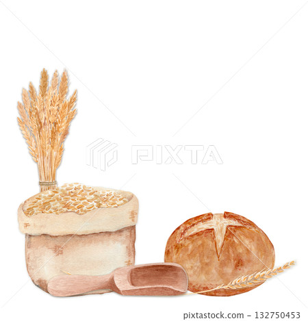 Rustic bread, wheat, grain sack, and wooden scoop. Hand-painted watercolor illustration of food clipart in warm earthy tones, perfect for bakery logos, packaging, kitchen decor, or farm designs 132750453