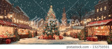 christmas tree on market in snowy winter illustration 132750501