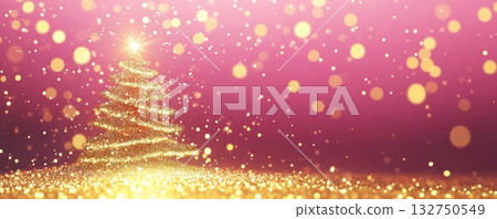 golden glittering shiny christmas tree on pink background banner illustration 132750549