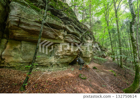 Beautiful green forest Hiking path with Sandstone chalk rock formations in Berdorf Mullerthal Luxembourg Beautiful green forest Hiking path with Sandstone chalk rock formations in Berdorf Mullerthal Luxembourg 132750614