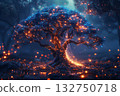 Conceptual image of a natural tree intertwined with glowing neural circuits, representing the fusion of nature and artificial intelligence. 132750718