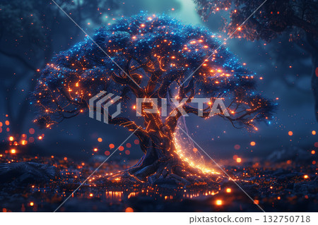 Conceptual image of a natural tree intertwined with glowing neural circuits, representing the fusion of nature and artificial intelligence. 132750718