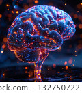 Abstract AI brain with light circuits symbolizing data flow and intelligence, dark futuristic background. 132750722