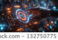 A close up of a human index finger interacting with a glowing holographic panel displaying neural connections, symbol of AI activation and digital intelligence. 132750775