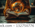 Hands holding an open book with a floating holographic digital globe above it 132750776