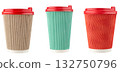Paper coffee cups with red lids isolated on white background. File Contains Clipping Path. 132750796