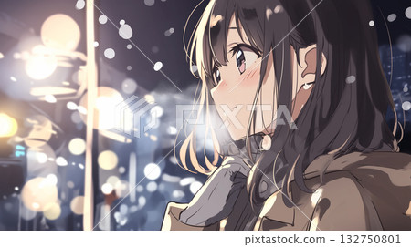 在冬日路燈下，女孩的微笑——一幅描繪溫暖燈光和寧靜夜晚的動漫插畫 132750801