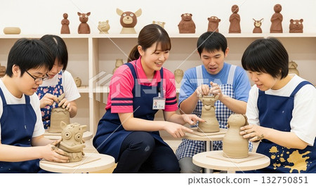 Smiling disabled people enjoying clay crafts and a female support worker gently supporting them (creative activities) Pottery class Art Artistic activities Smiling disabled people enjoying clay crafts and a female support worker gently supporting them (creative activities) Pottery class Art Artistic activities 132750851
