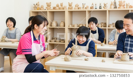 Smiling disabled people enjoying clay crafts and a female support worker gently supporting them (creative activities) Pottery class Art Artistic activities Smiling disabled people enjoying clay crafts and a female support worker gently supporting them (creative activities) Pottery class Art Artistic activities 132750853