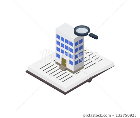 Isometric Building on Open Book with Magnifying Glass for Research Isometric Building on Open Book with Magnifying Glass for Research 132750923