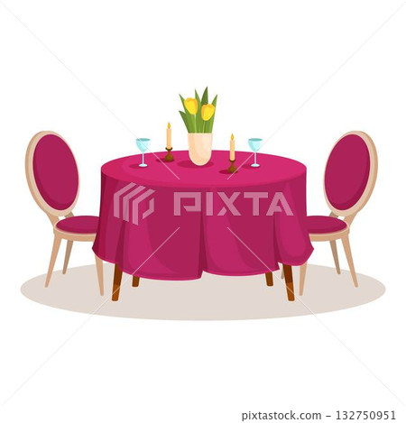 Round table with wine glasses and candles for romantic dinner date 132750951