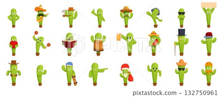 Cactus character icon set. Funny cactus characters posing wearing different hats and costumes Cactus character icon set. Funny cactus characters posing wearing different hats and costumes 132750961