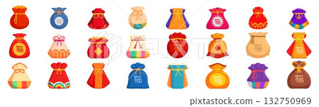 Chinese lucky bag icons set. Set of colorful lucky money bags for chinese new year celebration 132750969