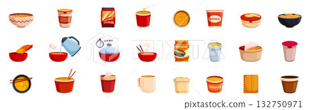 Instant soup icons set. People cooking and eating instant ramen noodles icons set Instant soup icons set. People cooking and eating instant ramen noodles icons set 132750971