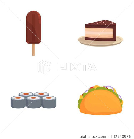 Assorted food icons set dessert, sushi, taco Assorted food icons set dessert, sushi, taco 132750976