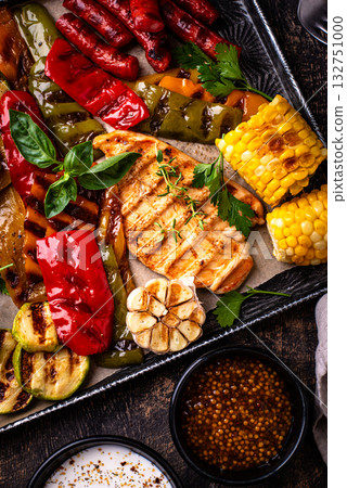 Assortment of grilled bbq meat and vegetables 132751000
