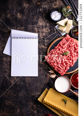 Ingredients for cooking lasagna bolognese with bechamel 132751004