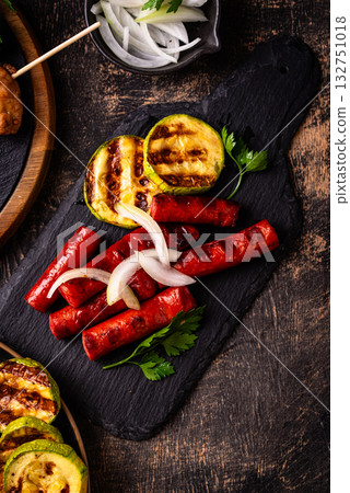 Assortment of grilled bbq meat and vegetables 132751018