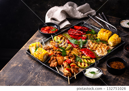 Assortment of grilled bbq meat and vegetables Assortment of grilled bbq meat and vegetables 132751026