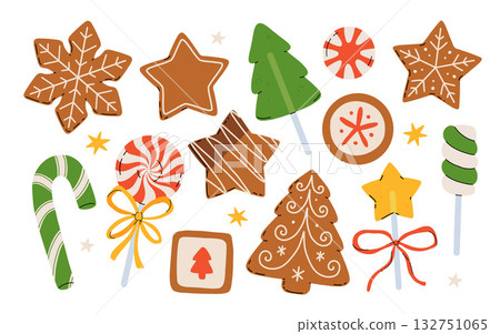 Colorful Christmas sweets set - hard candy, gingerbread cookies, candy canes, lollipop. Flat cartoon vector illustration. Colorful Christmas sweets set - hard candy, gingerbread cookies, candy canes, lollipop. Flat cartoon vector illustration. 132751065