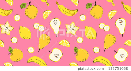 Fresh fruits on pink background. Hand drawn seamless pattern. Colorful wallpaper vector. citrus, lemon, apple, pear, banana, starfruit collection. Decorative illustration, good for printing Fresh fruits on pink background. Hand drawn seamless pattern. Colorful wallpaper vector. citrus, lemon, apple, pear, banana, starfruit collection. Decorative illustration, good for printing 132751068