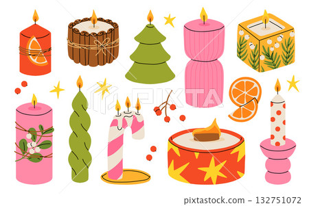 Christmas candles. Cartoon xmas decor burning candles, winter holidays wax candles with Christmas decorations, Noel home interior decor flat vector illustration set. Xmas candles collection Christmas candles. Cartoon xmas decor burning candles, winter holidays wax candles with Christmas decorations, Noel home interior decor flat vector illustration set. Xmas candles collection 132751072