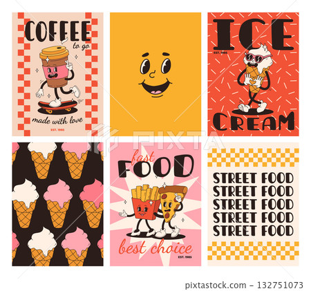 Set of fast food posters. Retro groovy cards with street food characters. Brochure with funky groovy burger, french fries, soda, ice cream, donut, pie, coffee to go, sandwich. Fast food delivery Set of fast food posters. Retro groovy cards with street food characters. Brochure with funky groovy burger, french fries, soda, ice cream, donut, pie, coffee to go, sandwich. Fast food delivery 132751073
