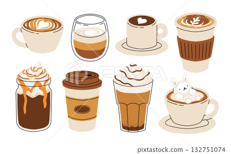 Set of Coffee Cups with Latte Art Patterns Front View. Cute rabbit, Flower and Heart foam shapes. Cafe Bar or Coffee House Graphics. Vector Illustration, Icons Set of Coffee Cups with Latte Art Patterns Front View. Cute rabbit, Flower and Heart foam shapes. Cafe Bar or Coffee House Graphics. Vector Illustration, Icons 132751074