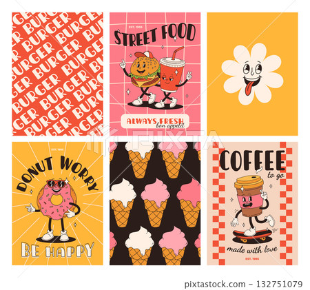 Set of fast food posters. Retro groovy cards with street food characters. Brochure with funky groovy burger, french fries, soda, ice cream, donut, pie, coffee to go, sandwich. Fast food delivery 132751079
