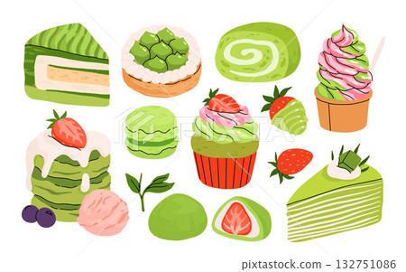 Vector set with japanese matcha desserts. Collection with mochi, matcha mille crepe cake and matcha roll cake, pancakes, macaron, soft serve ice cream, matcha tart and cupcake with strawberry. Vector set with japanese matcha desserts. Collection with mochi, matcha mille crepe cake and matcha roll cake, pancakes, macaron, soft serve ice cream, matcha tart and cupcake with strawberry. 132751086