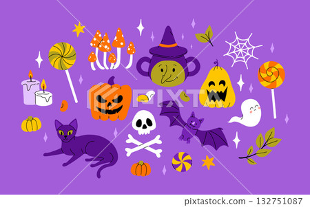 Cute kids Halloween set. Happy pumpkin, zombie hand, cute ghost, skull cupcake candy and witch potion. October holiday stickers, design elements bundle. Isolated flat vector illustrations 132751087