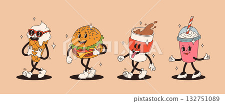 Set of fast food retro groovy cartoon character. Vintage mascot of burger, pizza, hot dog, ice cream, french fries, coffee to go, donut and soda with happy smile. Funky street food illustration Set of fast food retro groovy cartoon character. Vintage mascot of burger, pizza, hot dog, ice cream, french fries, coffee to go, donut and soda with happy smile. Funky street food illustration 132751089