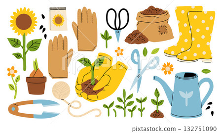 Set of gardening items in hand drawn cartoon style. Various agricultural and garden tools for spring work. Growing plants, flowers and herbs, seedling. Vector clip art illustration. 132751090