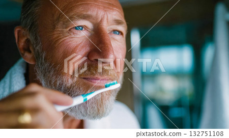 Senior man brushing his teeth in morning light, representing hygiene, self-care, and healthy aging Senior man brushing his teeth in morning light, representing hygiene, self-care, and healthy aging 132751108