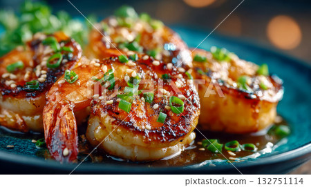 Close-up of grilled shrimp glazed with honey garlic sauce and topped with sesame and green onions, showcasing gourmet seafood 132751114