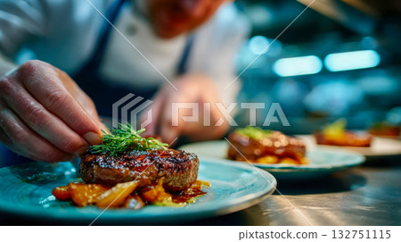 Professional chef carefully garnishing a plated meal, showcasing precision, creativity, and culinary craftsmanship Professional chef carefully garnishing a plated meal, showcasing precision, creativity, and culinary craftsmanship 132751115