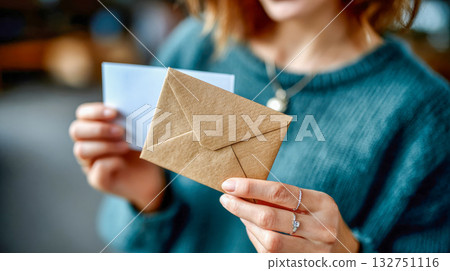 Person opening a brown envelope outdoors, symbolizing communication, correspondence, and anticipation 132751116